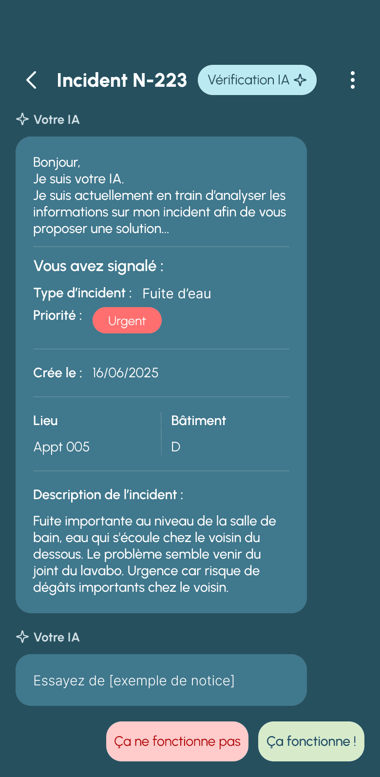 App résidents : l’assistant Arlette donne une consigne de sécurité juste après le signalement d’une fuite