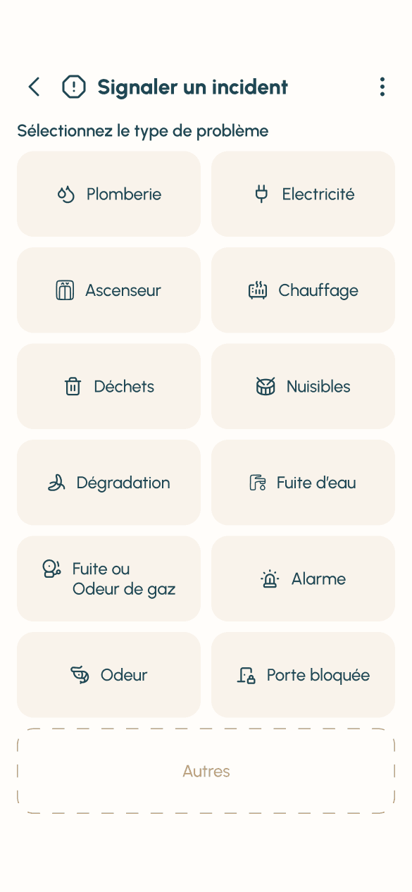 App résidents : choix du type de problème à signaler (plomberie, électricité, ascenseur, fuite ou odeur de gaz…)
