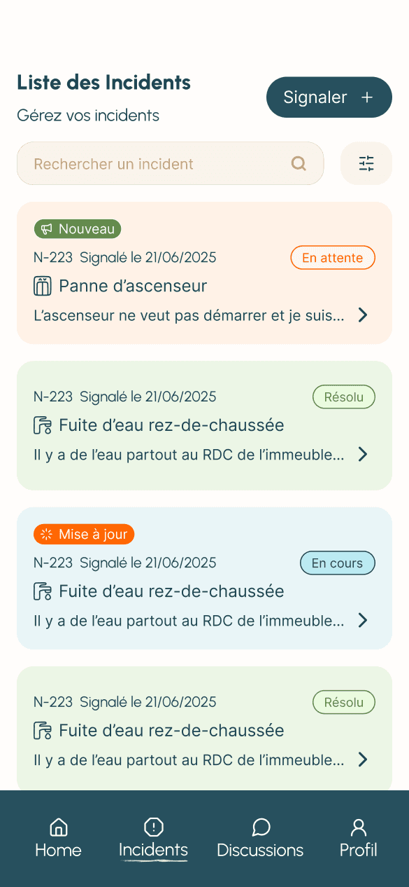 App résidents : liste des incidents avec leur statut (en attente, en cours, résolu) et les badges « Nouveau » et « Mise à jour »